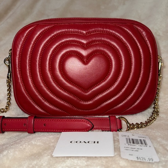 Coach Handbags - New RARE COACH Jes Crossbody Bag w/Puffy Heart Quilting Leather Gold Cherry Red
